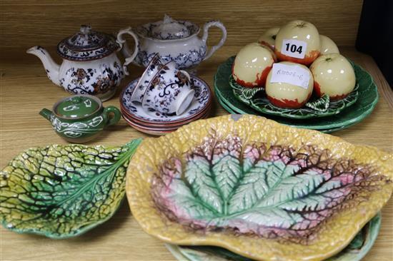 A Davenport part childs tea set, and various majolica and greenware fruit dishes etc